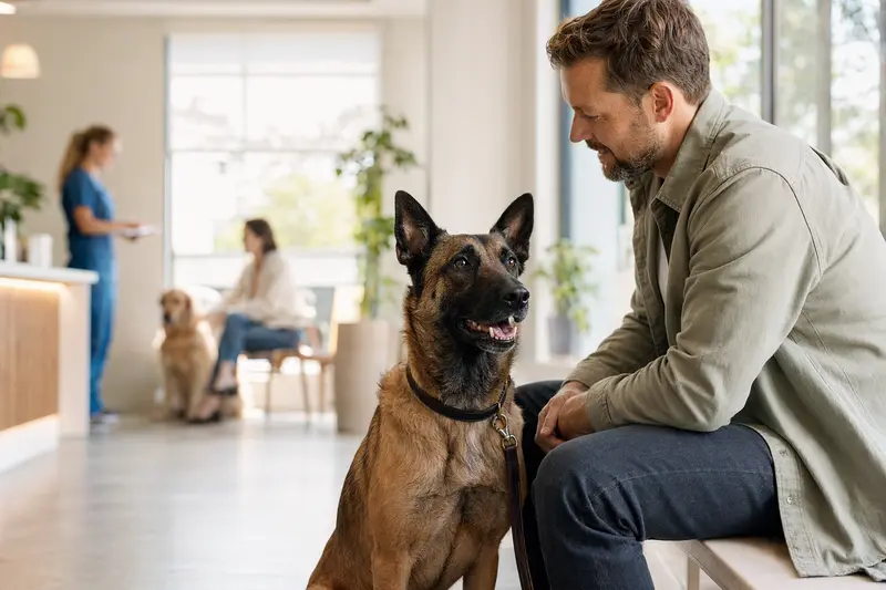 Ein Belgischer Schäferhund sitzt ruhig neben seinem Besitzer im hellen Wartezimmer einer modernen Tierarztpraxis.